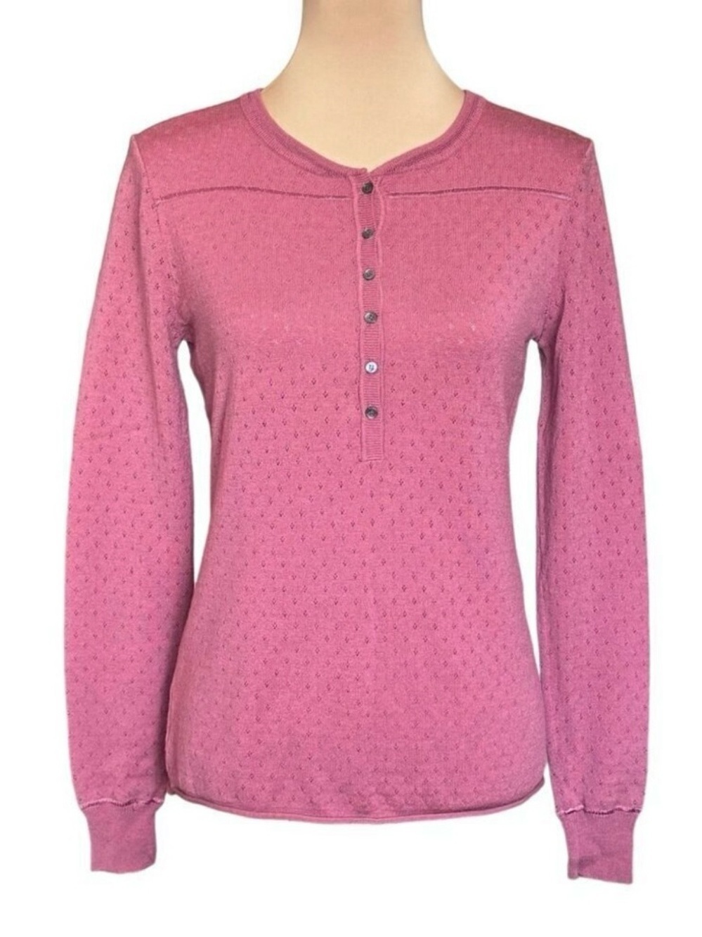 THEORY Wool Henley Sweater Sz M Pointelle Knit Pink Preppy Lightweight